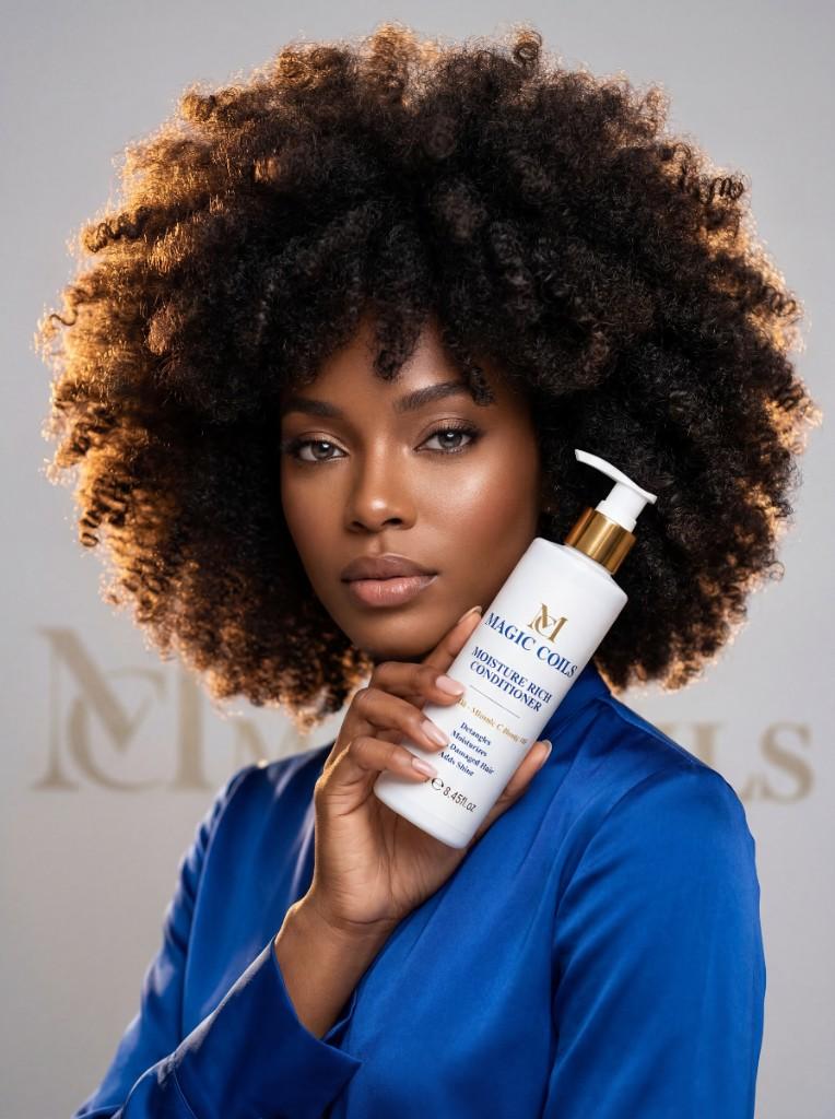 Black woman with defined natural hair holding Magic Coils conditioner